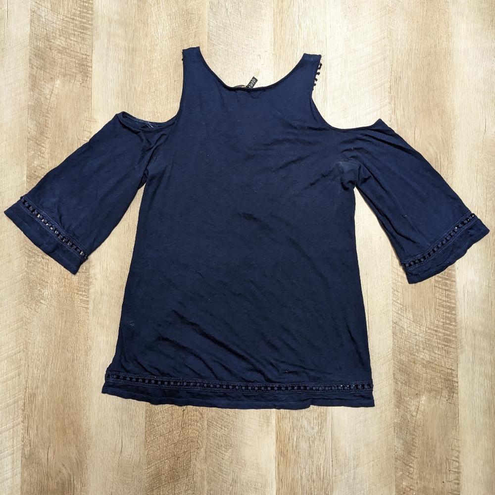 White House Black Market Navy Blue Cold Shoulder Blouse Top Women's Small